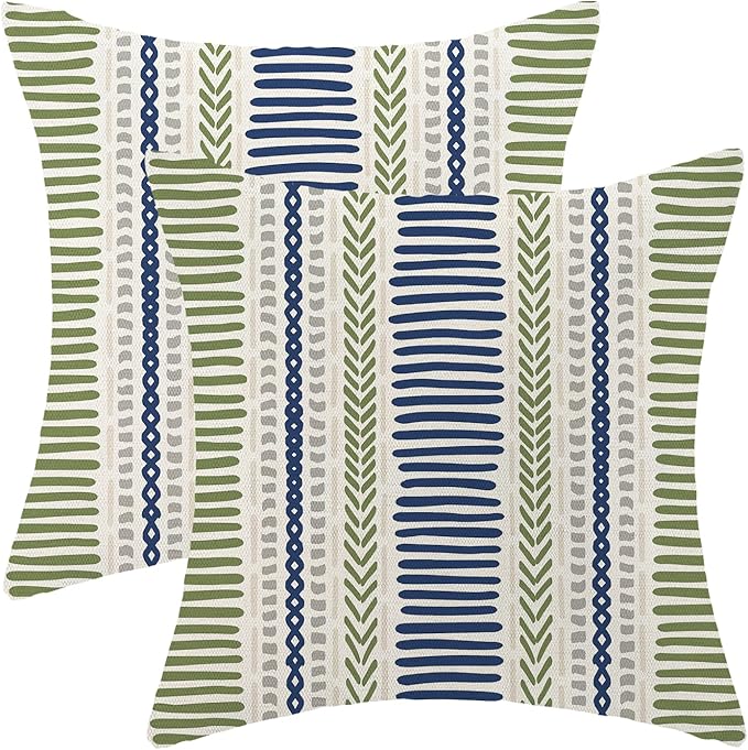 Boho Pillow Covers 16x16 Inch Set of Blue Sage Green Stripes Throw Pillow Covers Outdoor Decoration, Abstract Modern Bohemian Farmhouse Linen Decorative Cushion Cover for Home Sofa Couch