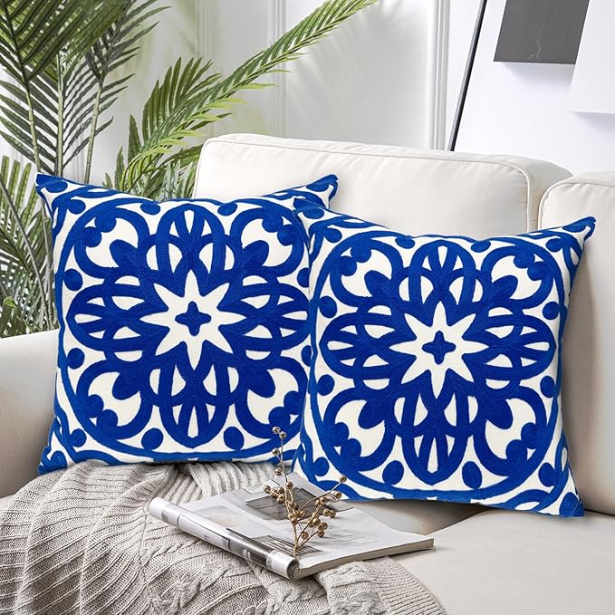 Alysheer Floral Embroidered Fall Decorative Throw Pillow Cover 18"x 18" Set of 2, Boho Mandala Embroidery Royal Blue Patterned Cushion Case for Sofa Couch Living Room Bedroom Outdoor