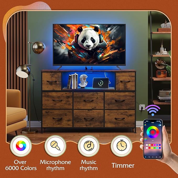 WLIVE TV Stand for 45, 50, 55 inch TV, Entertainment Center with LED Lights & Charging Station, TV Media Console Table with 8 Fabric Drawers and Open Shelves for Living Room, Hallway, Rustic Brown