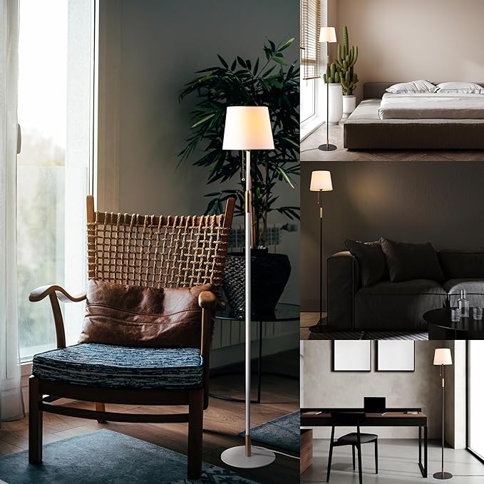 O'Bright Velum - Classic Floor Lamp, Elegant Linen Shade, Pull Chain Switch, Luxury Gold Handle, Modern Minimalist Design - Perfect for Living Room, Bedroom, Office - Black