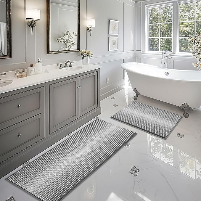 BSICPRO Bathroom Rugs and Mats Sets, 2 Piece Thick Absorbent Chenille Bath Mat Rug Set Non Slip, Soft Shaggy Bath Room Floor Mats for Bathroom, Machine Washable (Gray, 20" x 47" Plus 20" x 32")