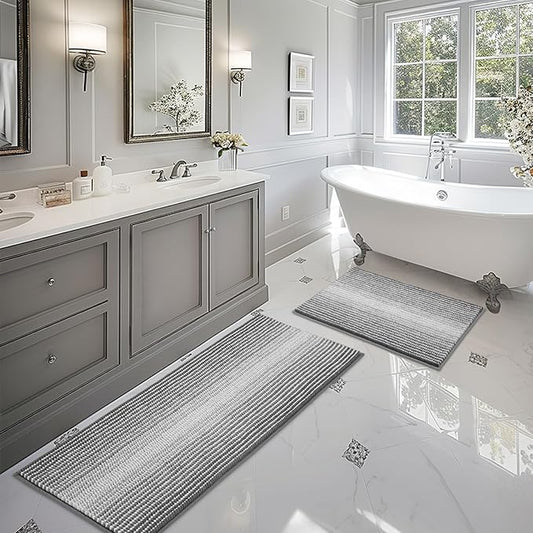 BSICPRO Bathroom Rugs and Mats Sets, 2 Piece Thick Absorbent Chenille Bath Mat Rug Set Non Slip, Soft Shaggy Bath Room Floor Mats for Bathroom, Machine Washable (Gray, 20" x 47" Plus 20" x 32")