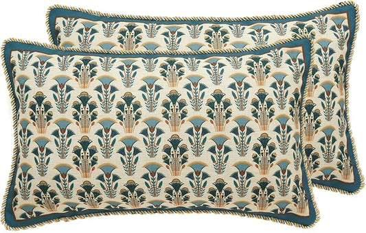 patdrea Designer Rectangle Throw Pillow Covers Set of 2,Rustic Vintage Blue Linen with Floral Pattern Pillow Cover,Decorative Lumbar Pillowcases Cushion for Bed Living Room Outdoor Car,12"x20"