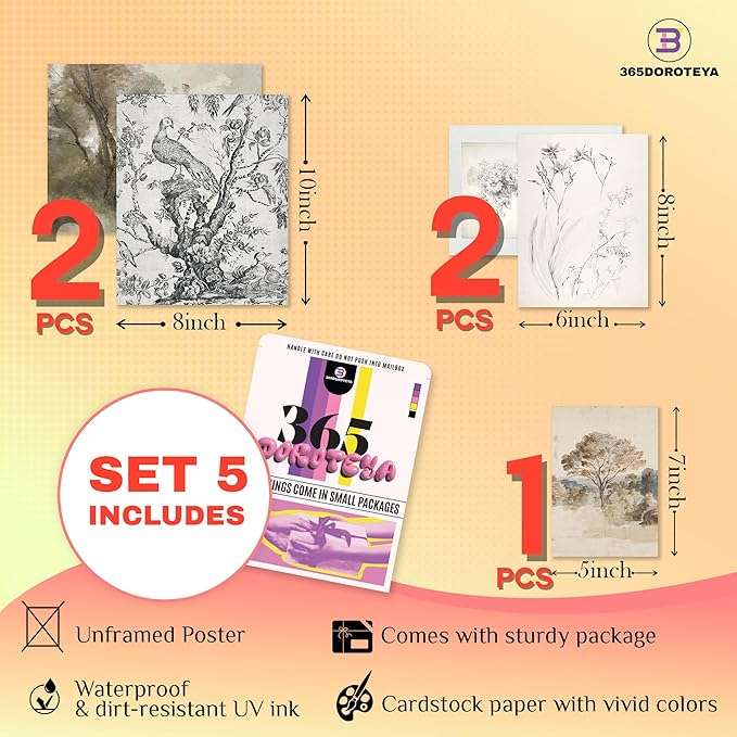 Vintage Wall Art - Classic Landscape Prints for Home Decor - 5 Pcs (Unframed)