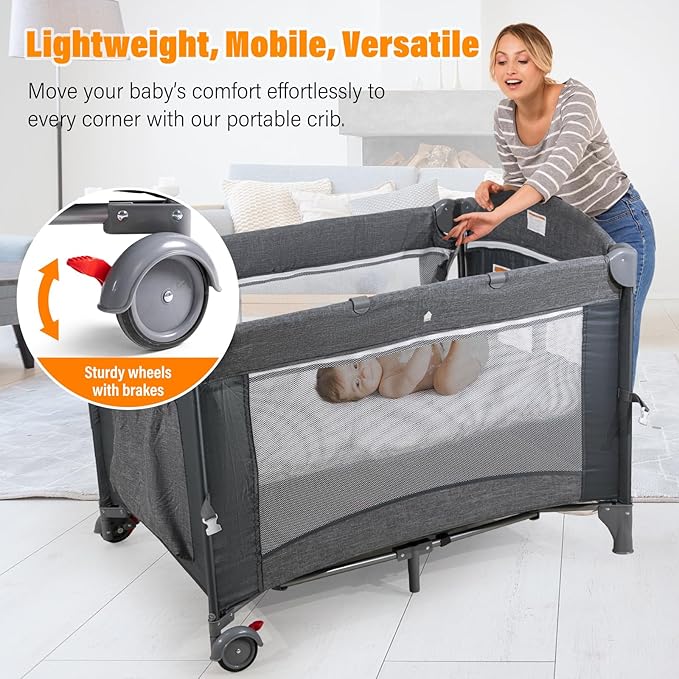 5 in 1 Baby Bassinet, Bedside Cribs, Pack and Play Changing Table, Portable Travel Baby Bassinet Toys & Music Box,Mattress for Girl Boy Infant Newborn (Grey)