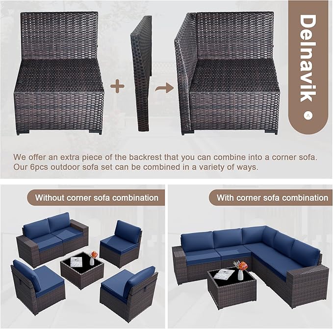 Kurapika 9 Pieces Patio Furniture Set, Rattan Sofa Set, Outdoor Conversation Sets w/Swivel Rocking Chairs Patio Sectional Sofa w/4in Cushion, Navy Blue