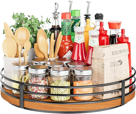 12" Lazy Susan Turntable Organizer - Oak Wood Lazy Susan for Cabinet Kitchen Countertop Dining Table Pantry Cupboard Bathroom Coffee Bar Storage Spice Rack Home Decor