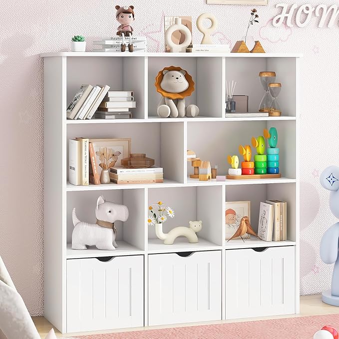 Toy Storage Organizer with Bookshelf, Large Toy Organizers and 3 Movable Drawers with Hidden Wheels and 8 Storage Cubbies, Kids Bookshelf and Toy Storage Chest, Playroom Furniture, White