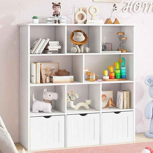 Toy Storage Organizer with Bookshelf, Large Toy Organizers and 3 Movable Drawers with Hidden Wheels and 8 Storage Cubbies, Kids Bookshelf and Toy Storage Chest, Playroom Furniture, White