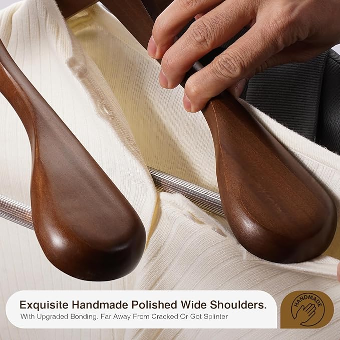 Suit Hangers 6 Pack,Wide Shoulder Wooden Hangers,Solid Wood Coat Hangers with Heavy Duty Retotating Hooks & Non Slip Pants Bar,Smooth Finish Clothes Hanger for Sweater, Pants, Jacket(Walnut)