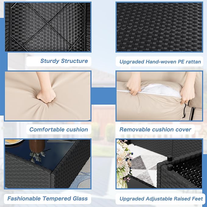 Shintenchi 5 Pieces Outdoor Patio Sectional Sofa Couch, Black PE Wicker Furniture Sets, Patio Conversation Sets with Washable Cushions Glass Coffee Table for Garden, Poolside, Backyard,(Khaki)