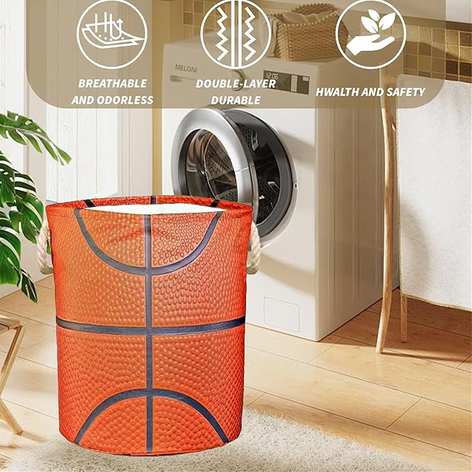 Basketball Hamper for Boys Room Decor Funny Tote Bag Kids Laundry Basket For Teen Boy Girl Ball Gift 17.7x13.7 Inch