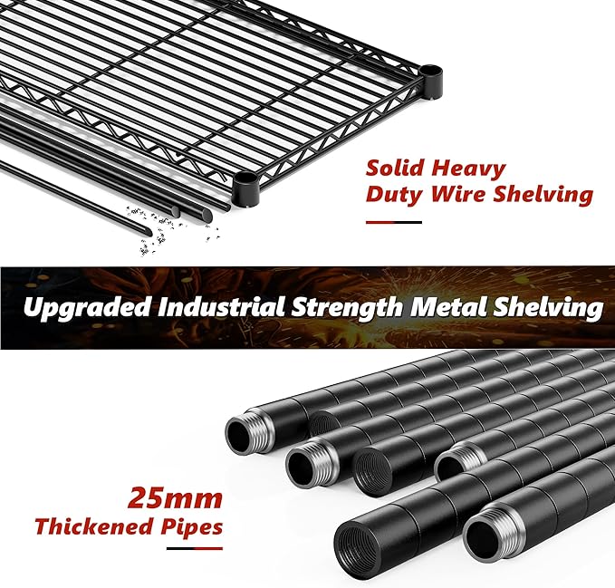 REIBII 76''H Wire Shelving Loads 1980LBS with 25mm Pipe Diameter,Storage Shelves with Wheels Metal Shelves for Storage, 5 Tier Adjustable Garage Shelving Heavy Duty Storage Rack,76''HX36''WX16''D