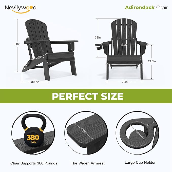 nevilywood Folding Adirondack Chair, Ergonomic Extended Backrest, HDPE All-Weather, 380lbs Capacity, Maintenance-Free, Cup Holder, （Black）- Outdoor Patio & Firepit Chair