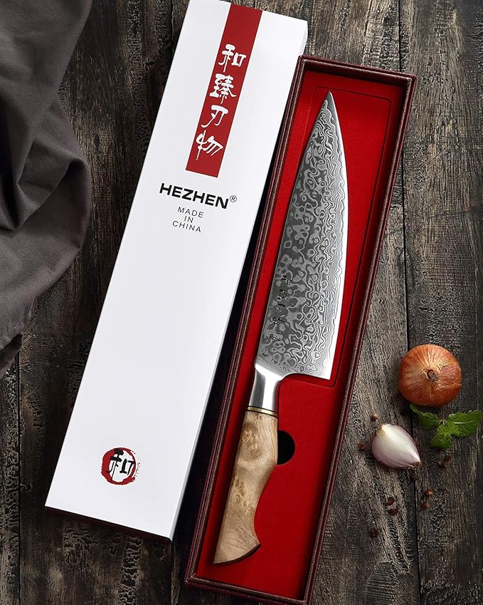 HEZHEN Chef's Knife-Professional-8.3 inch Damascus Steel, Kitchen Knife VG10 Gyuto Knife-Master Series Chef Cooking Tool at Home,Restaurant-Figured Sycamore Wood Handle