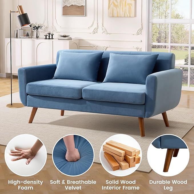 Tbfit 65" W Loveseat Sofa, Velvet Mid Century Modern Love Seat Couches for Living Room, Button Tufted Upholstered Small Couch for Bedroom, Solid and Easy to Install Love Seats Furniture, Blue
