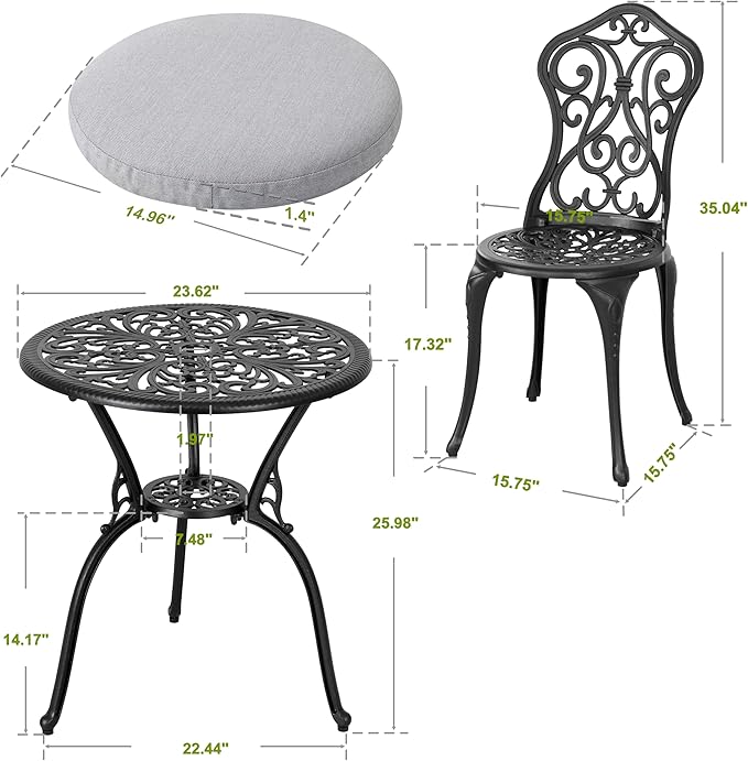 NUU GARDEN Patio 3-Piece Bistro Set with Olefin Cushions, Patio Chairs and Outdoor Round Table with Umbrella Hole, Cast Aluminum Patio Set for Lawn, Garden, Porch, Poolside, Black