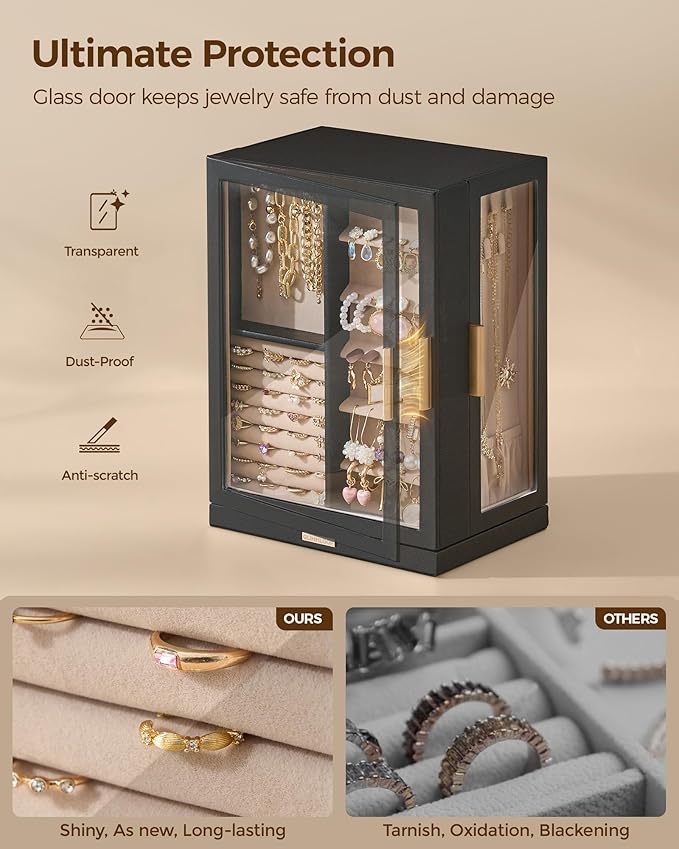 360° Rotating Jewelry Box with 7 Drawers, Spacious Vertical Jewelry Organizer with Glass Window, Jewelry Storage Case, Dustproof & Moisture-resistant Design, Black