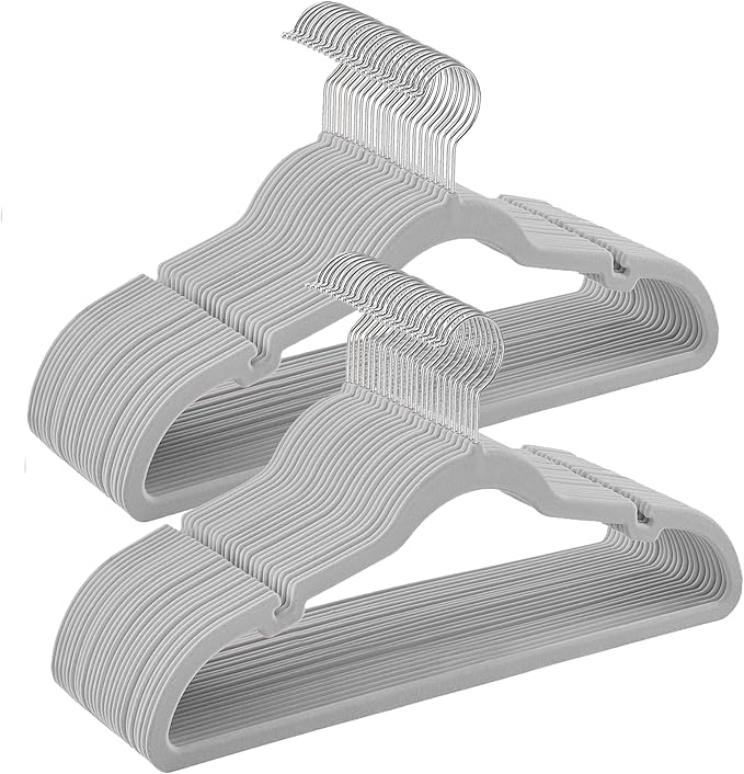 SONGMICS Velvet Hangers 50 Pack, Non-Slip Clothes Hangers, Suit Hangers with Shoulder Notches, Pants Bar, 360° Swivel Hook, Space-Saving, for Closet, Dove Gray UCRF029G50