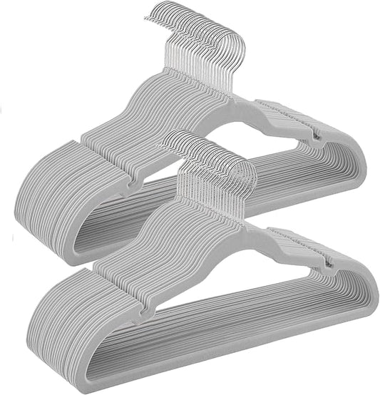 SONGMICS Velvet Hangers 50 Pack, Non-Slip Clothes Hangers, Suit Hangers with Shoulder Notches, Pants Bar, 360° Swivel Hook, Space-Saving, for Closet, Dove Gray UCRF029G50