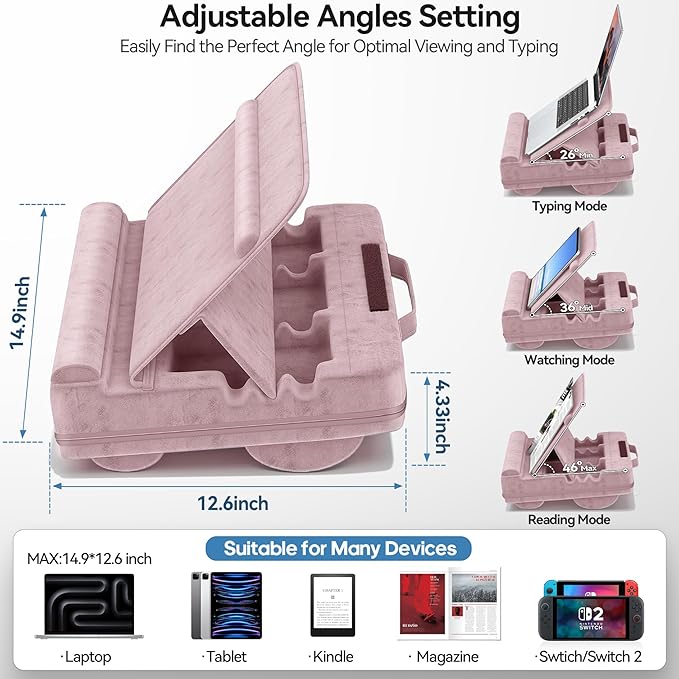 Laptop Lap Desk with Cushion, Adjustable Lap Desk Pillow with Storage, Portable Lap Table for Adults Student, Laptop Stand for Bed Office College Dorm Home Room Couch, Fits Up to 14.9" PC Tablet, Pink