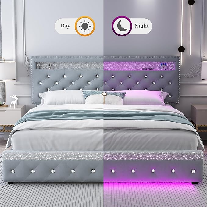 Full Led Bed Frame with 2 Drawers, Platform Bed Frame Full Size with Storage and Adjustable Upholstered Button Tufted Headboard, Noise-Free, Solid & Stable, No Box Spring Needed, Velvet Grey