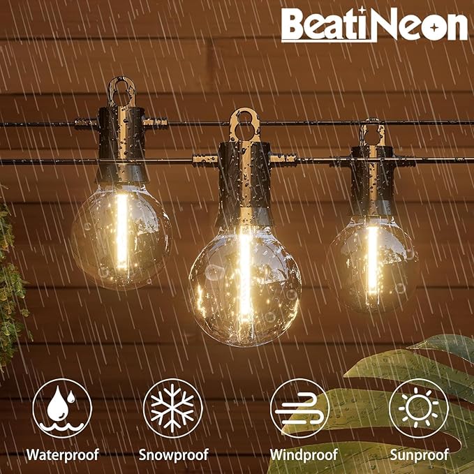 Outdoor String Lights 50 ft, LED Grobe Patio Lights with 27（25+2 Spare G40 Shatterproof Bulbs, IP 65 Waterproof, Outside Hanging Light for Cafe Bistro Backyard