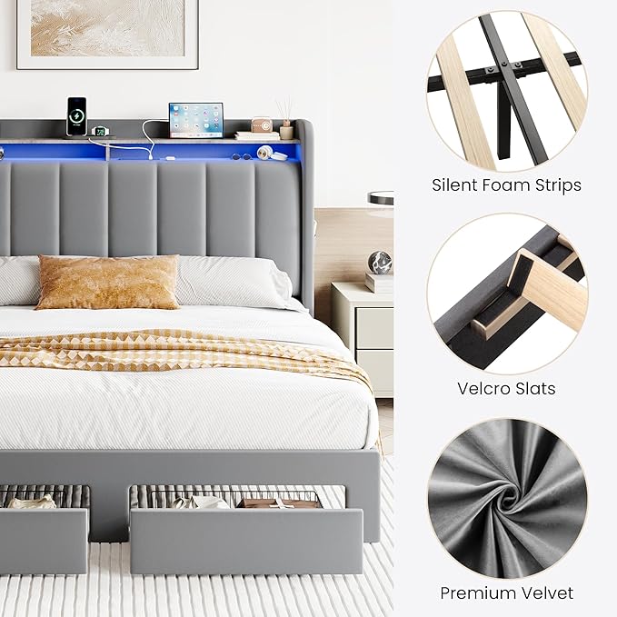SHA CERLIN Velvet Queen Bed Frame with Vertical Channel Tufted Wingback Headboard & 2 Storage Drawers/2-Tier Shelves with LED Lights & Charging Station/Noise-Free/No Box Spring Needed/Light Grey