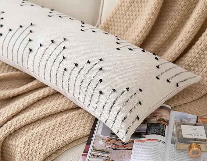 Caflife Boho Lumbar Pillow Cover 14x36 Long Pack of 1 Decorative Pillows Bed, Beige with Black Body Throw Pillow Covers, for Modern Farmhouse Sofa Bedroom Living Room Home Decor Couch Pillowcase