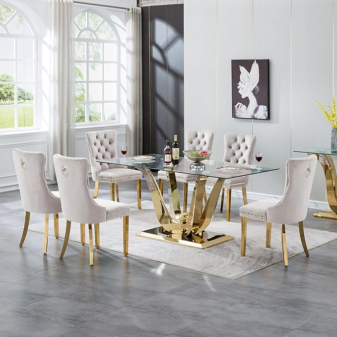 70" Modern Gold Glass Dining Table Set for 6, 7-Piece Rectangle Kitchen Dining Room Table Set with Steel Base & 6 Beige Velvet Upholstered Chairs, Modern Glass Kitchen Table and Chairs Set of 6