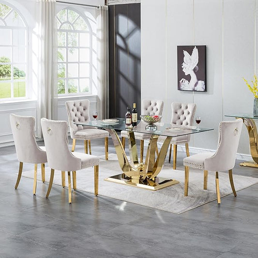 70" Modern Gold Glass Dining Table Set for 6, 7-Piece Rectangle Kitchen Dining Room Table Set with Steel Base & 6 Beige Velvet Upholstered Chairs, Modern Glass Kitchen Table and Chairs Set of 6