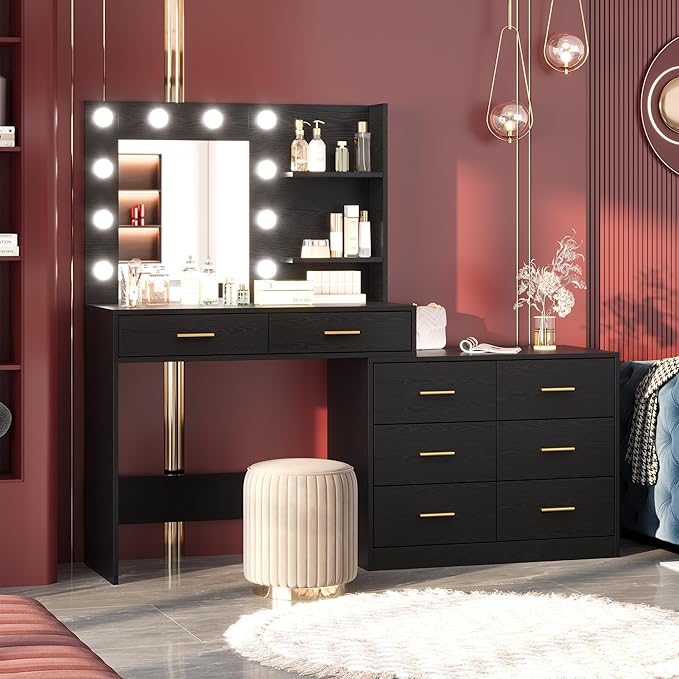 GarveeHome 61 in Make up Vanity Desk with Mirror and Lights, Black Vanity with 8 Wide Storage Drawers & 2 Tier Shelves, 3 Lighting Modes with Adjustable Brightness for Bedroom