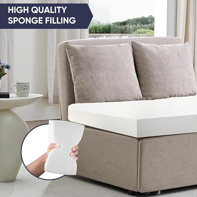 Sofa Bed, Full Size 2 in 1 Pull Out Sofa Couch Bed with Cushions & Throw Pillows & Wheels, Modern Linen Convertible Foldable Sleeper Sofas Couch for Small Spaces, Living Room Furniture - Beige