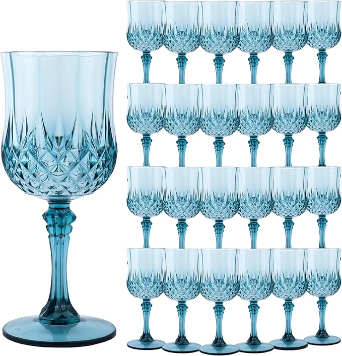 Plastic Wine Glasses，Plastic Goblets Vintage Style Cordial Drinking Glasses for Wedding Reception, Grand Event Party Supplies (24, Dusty Blue)