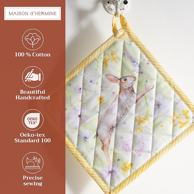 Maison d' Hermine Pot Holders 100% Cotton Heat Resistant Potholders 8" x 8" Hot Pads with Loop BBQ, Cooking, Baking, Grilling, Kitchen, Handling Hot Pans Spring/Summer (Pack of 1, Easter Zest)