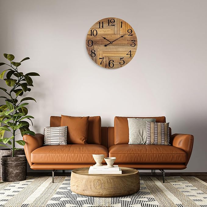 BEW Large Wall Clocks, 24 inch Wood Wall Clock Battery Operated, Rustic Farmhouse Shabby Chic Decorative Wall Clock Silent for Bedroom, Kitchen, Office, Living Room Decor