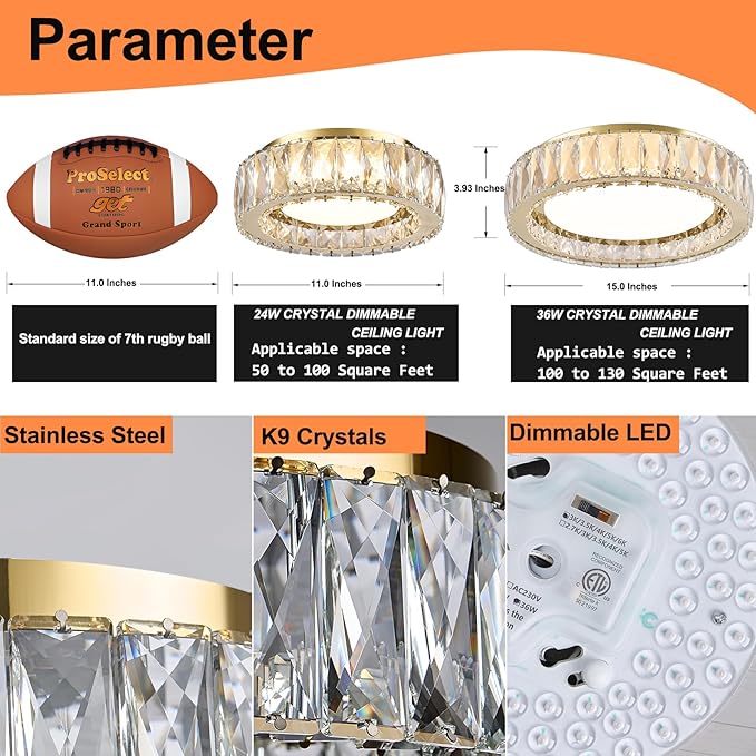 15 Inch Dimmable LED Crystal Flush Mount Ceiling Light,Modern Gold 36W 5CCT 3000K-6000K Chandelier Large Round Lighting Fixtures for Bedroom,Living Room,Laundry Room,Dining Room