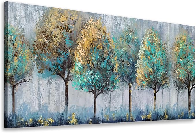 NINEASO Abstract Forest Canvas Wall Art - Teal Yellow Trees Pictures Grey Blue Earthy Wall Decor Modern Botanical Painting Print Artwork for Living Room Bedroom Home Office Decor 29" x 58"
