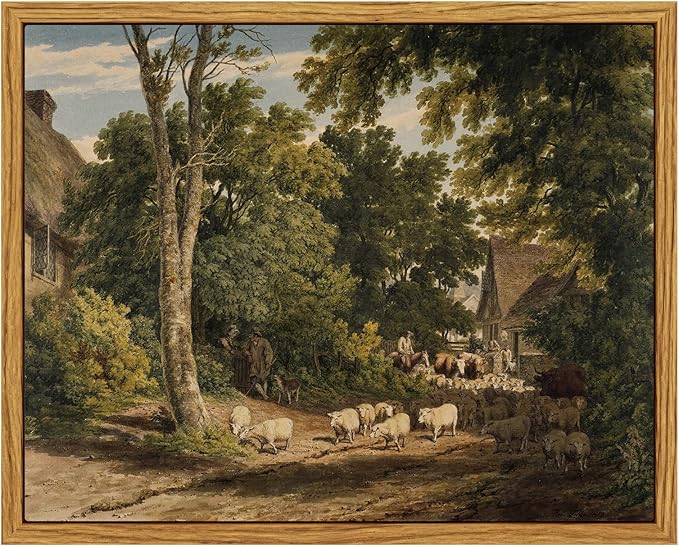 InSimSea Framed Canvas Wall Art Vintage Decor, Room Decor Classical Countryside Landscape Watercolor Painting Canvas Prints Wall Art for Living Room Badroom Farmhouse Bathroom Decor, 8"x10"