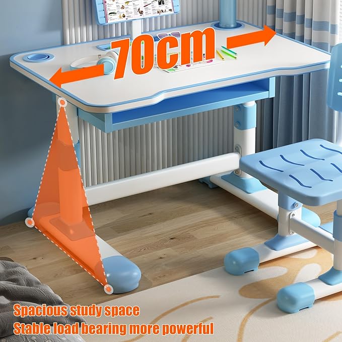 Study Desk Chair Set for Girl, Height Adjustable Toddlers Writing Table with Tiltable Reading Stand LED Table Light, Living Room Bedroom Children Learning Table with Extra Large Drawer Pink