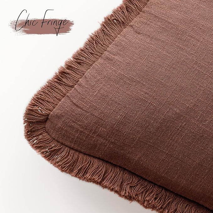 Foindtower Set of 2 Decorative Linen Fringe Throw Pillow Covers Boho Farmhouse Cushion Cover with Tassels Soft Accent Pillowcase for Couch Chair Sofa Bed Living Room Home Decor,24×24 Inch,Rust Red