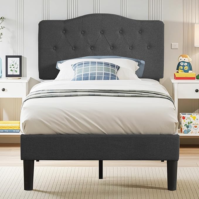 VECELO Twin Size Bed Frame Upholstered Platform with Tufted Adjustable Headboard/Mattress Foundation with Wood Slat Support, Easy Assembly,Grey