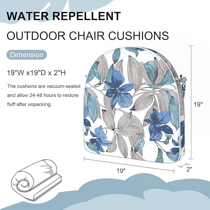 Set of 4 Outdoor Chair Cushions 19"x19"x2",Water Repellent Patio Seat Cushion with Ties and Removable Covers,Dining Chair Cushions for Indoor Kitchen Yard and Patio Furniture,Clemens Noir Blue