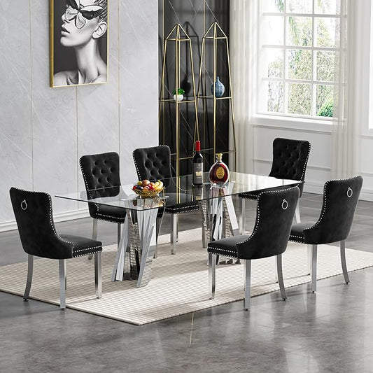 7 Piece Dining Table Set with 6 Black Dining Chairs, Modern Glass Kitchen Table and Chairs Set for 6, 70" Rectangle Silver Glass Pedestal Dining Room Tables with Flash-Shape Stainless Steel Base