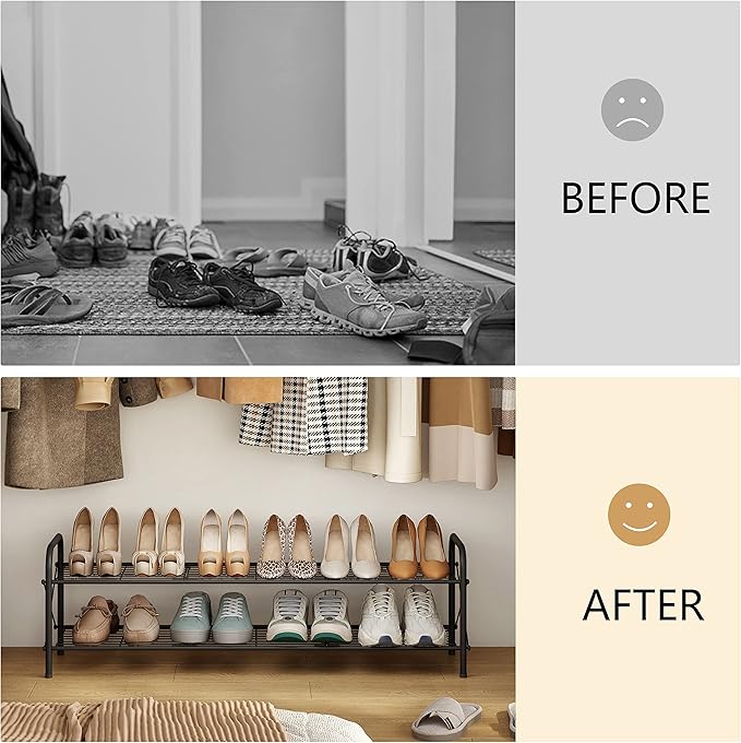 Hoctieon 2 Tier Shoe Rack for Closet, Durable Mesh Style Shoe Rack, Entryway Shoe Shelf, Shoe Storage Organizer for Hallway, Bedroom, Living Room, Wardrobe, Black