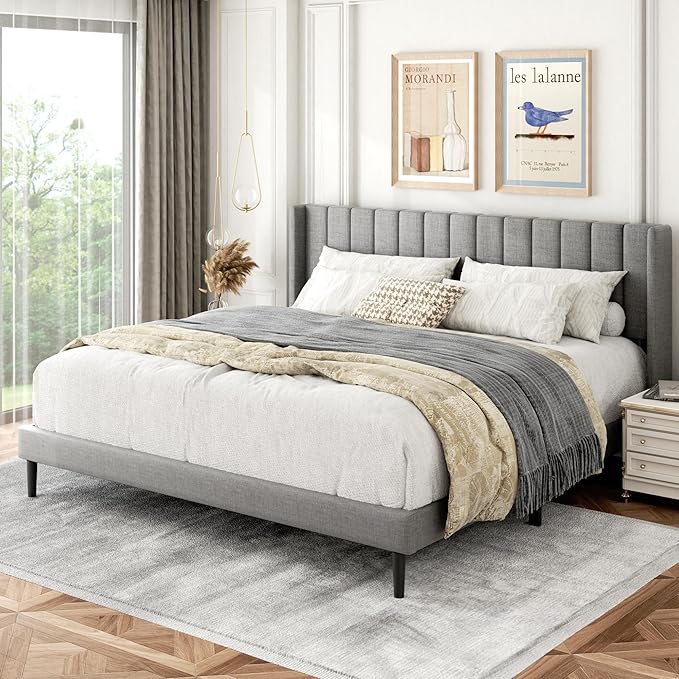 King Size Bed Frame with Wingback Headboard, Upholstered Platform Bed, No Box Spring Needed, Sturdy Wooden Slat Support, Easy Assembly, Light Gray