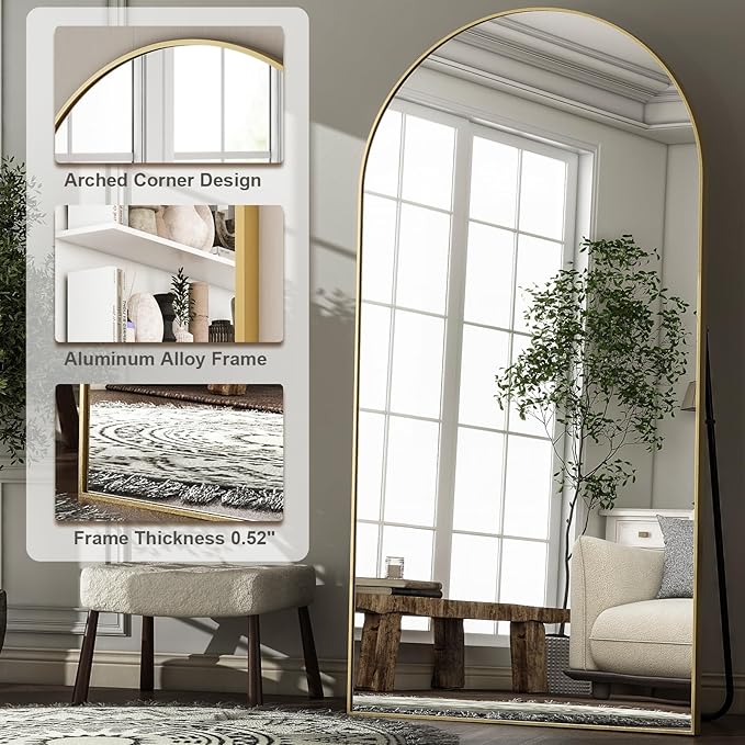 HARRITPURE 76"x46"Full Length Mirror - Arch Floor Mirrors with Aluminum Alloy Frame Free-Standing Wall Mounted or Leaning Large Bedroom Dressing Mirror,Gold