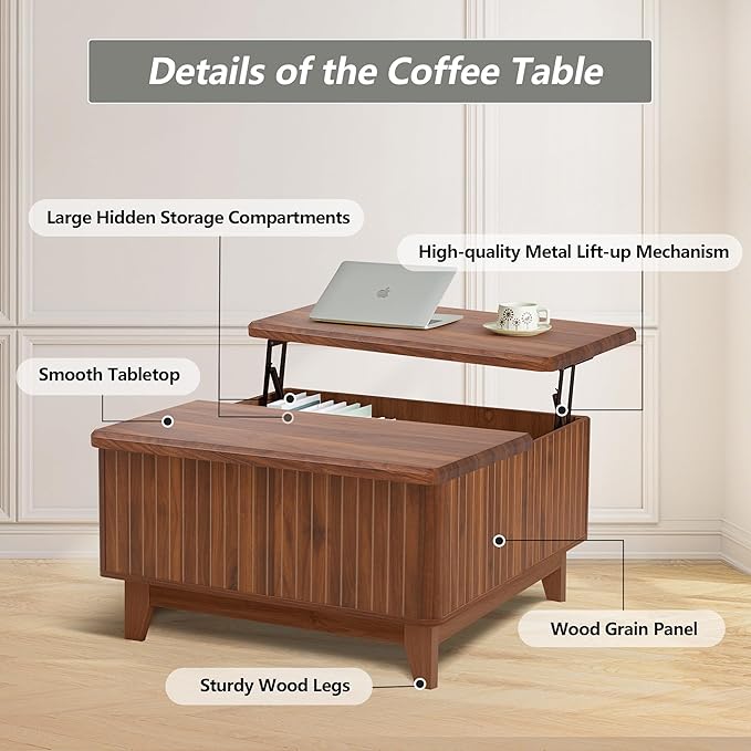 Lift Top Coffee Table, Square Coffee Table with Hidden Storage Compartment, Farmhouse Wood Center Table Dining Table for Living Room, Bedroom, Home Office (Walnut)