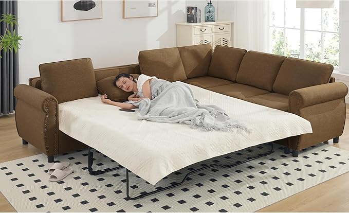 Ball & Cast 104" Sleeper Sofa Bed, L Shaped 6 Seater Sectional Sofa Couch with Pull Out Bed, 2 in 1 Pull Out Couch for Living Room, Office, Apartment,Brown