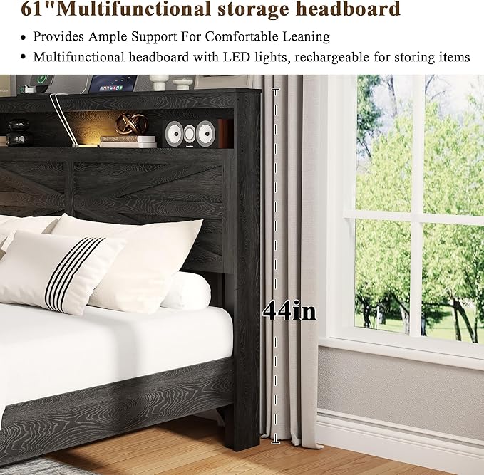 Farmhouse Queen Size Bed Frame with Headboard Storage Shelf, Wood Platform Bed Frame with LED Lights & Charging Station, Rustic Black Metal Bed, No Box Spring Needed, Noise-Free Sturdy Structure